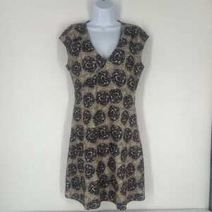 REI Womens Small Floral V-Neck A-Line Dress Navy Tan Stretch Sleeveless Gorpcore